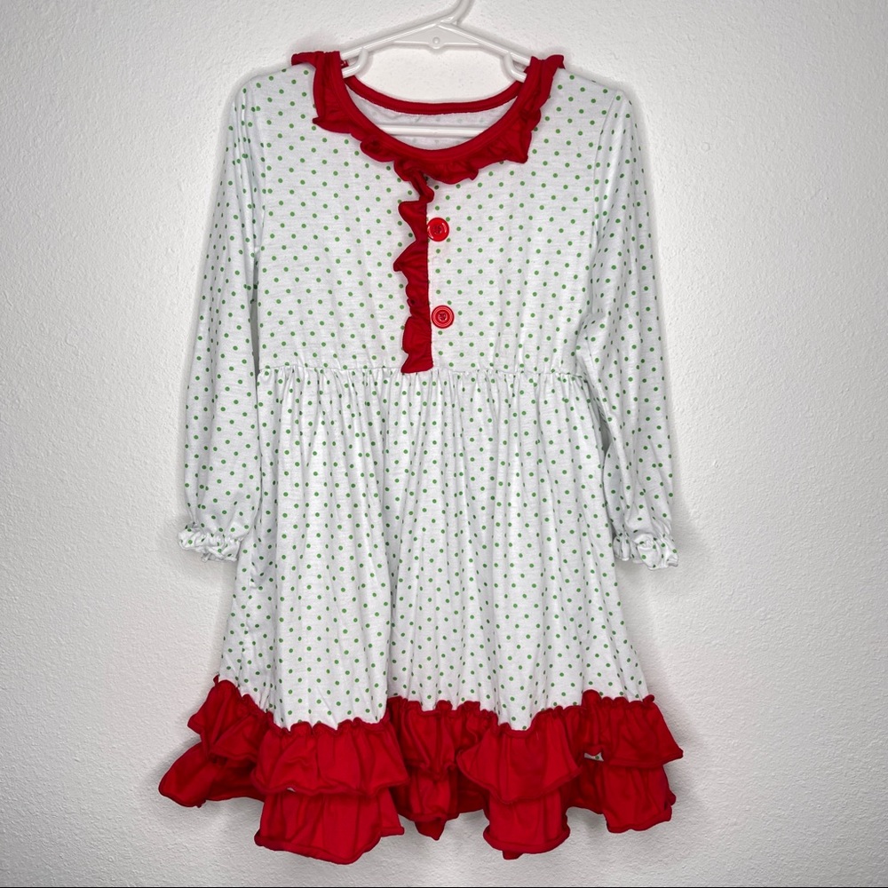 Red ruffle green dot dress or gown pjs holiday
